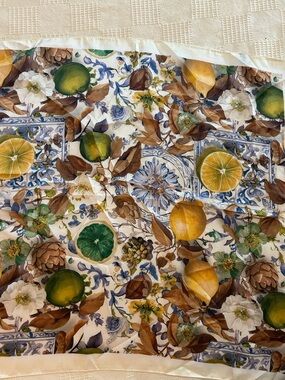 Fruit & Floral Print Silk-Look Scarf in Yellow, Green, Orange